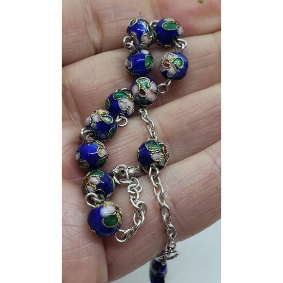 Cloisonne Flower Bead Bracelet With Rosary Cross Charm On Silver Chain - Picture 10 of 10